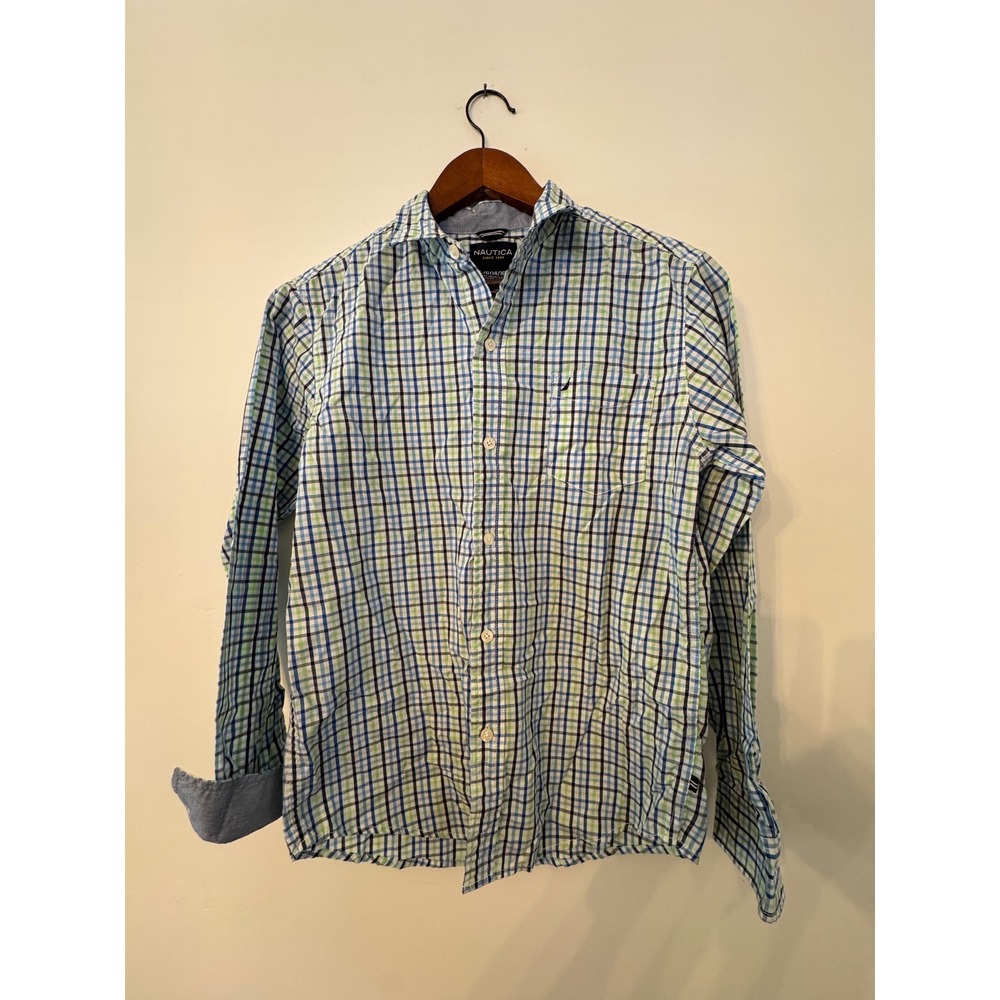 Nautica Boys Blue Green Plaid Long Sleeve‎ Button Down Shirt L 14/16 N874337G